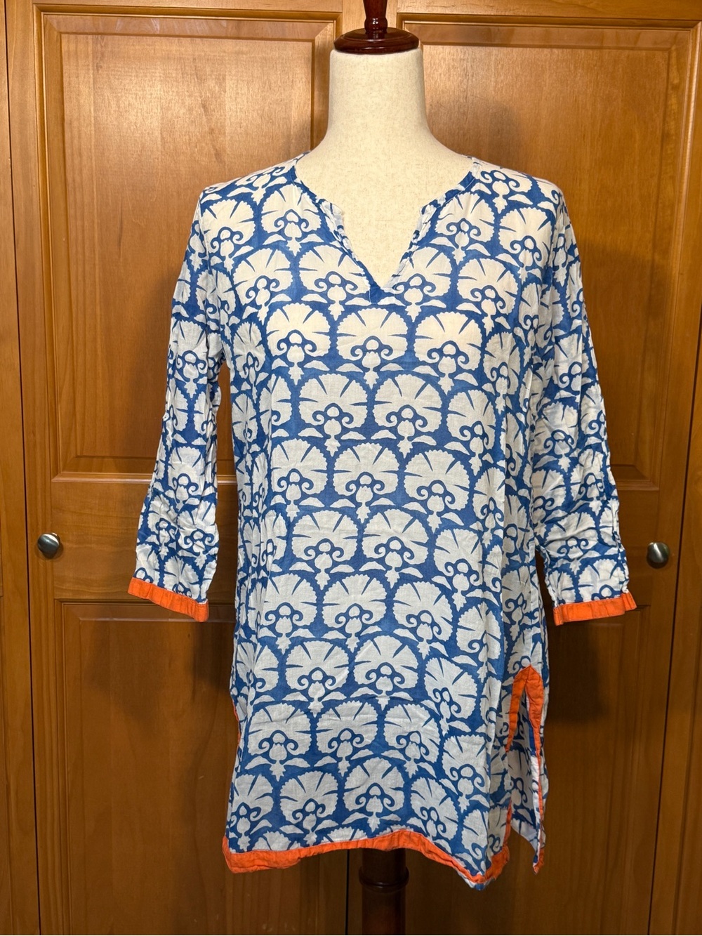 Oliphant Blue & White Block Printed Tunic Swim Cover-Up with Orange Trim